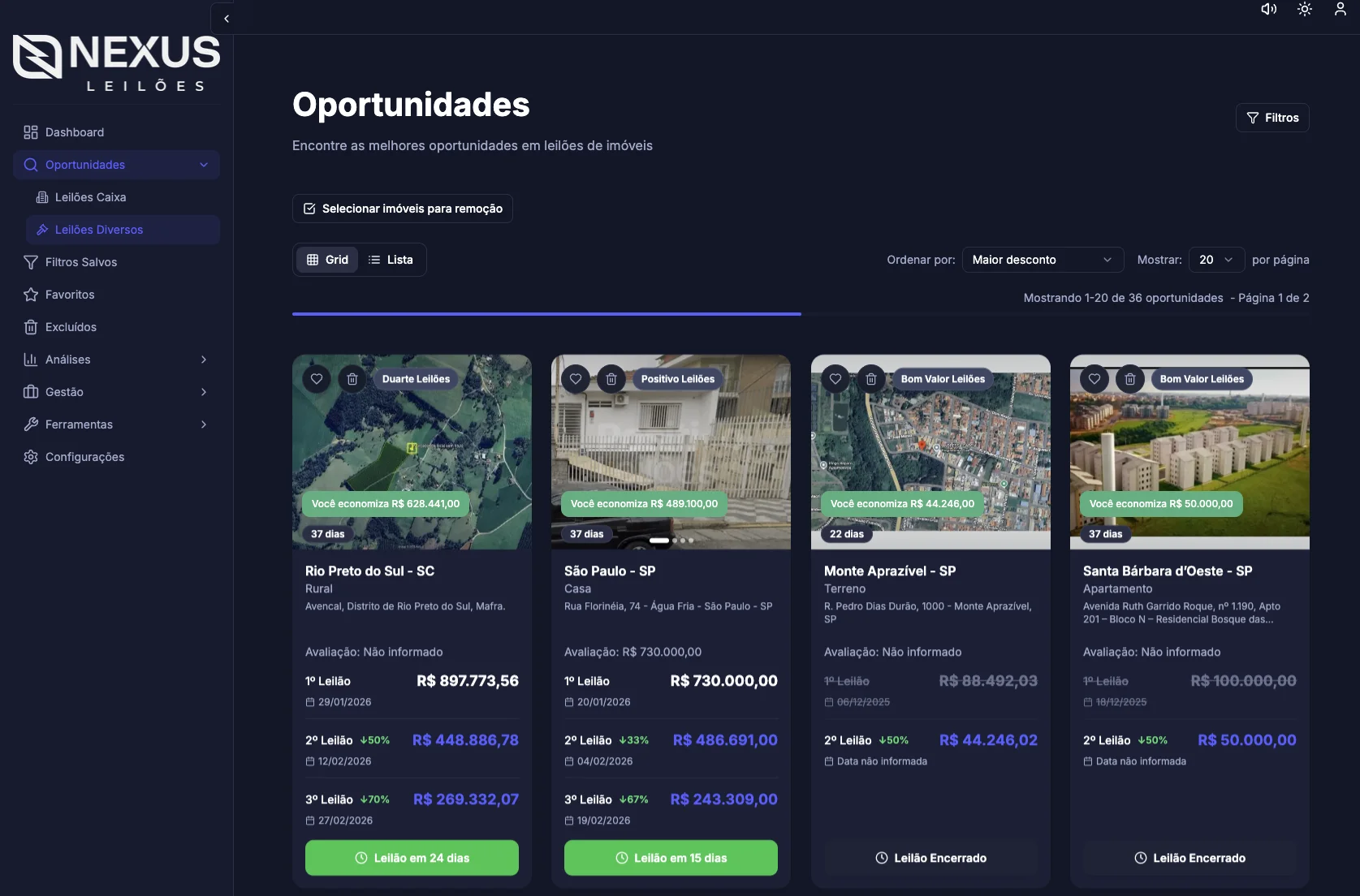 Interface do Nexus Leilões mostrando oportunidades de imóveis em leilão